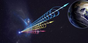Artist impression of a Fast Radio Burst (FRB) reaching Earth. The colors represent the burst arriving at different radio wavelengths, with long wavelengths (red) arriving several seconds after short wavelengths (blue). This delay is called dispersion and occurs when radio waves travel through cosmic plasma. Credit: Jingchuan Yu, Beijing Planetarium