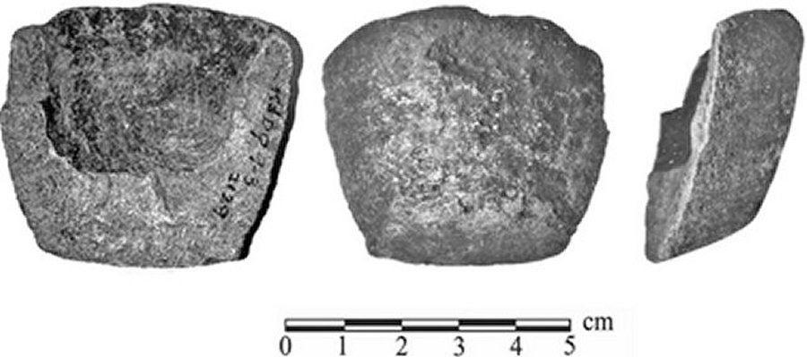 Three views of the broken crucible.