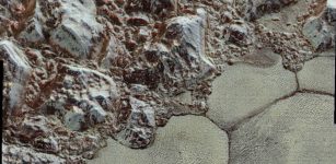 The Mountainous Shoreline of Sputnik Planum: Great blocks of Pluto’s water-ice crust appear jammed together in the informally named al-Idrisi mountains. Some mountain sides appear coated in dark material, while other sides are bright.Credit: NASA/Johns Hopkins University Applied Physics Laboratory/Southwest Research Institute