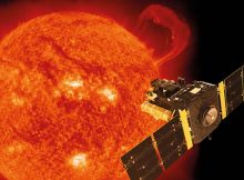 Artist’s impression of the ESA–NASA Solar and Heliospheric Observatory, SOHO, with the Sun as seen by the satellite’s extreme-ultraviolet imaging telescope on 14 September 1999. Credits: Spacecraft: ESA/ATG medialab; Sun: SOHO (ESA & NASA).