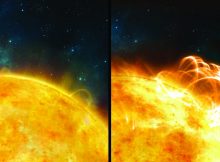 Left: Artist’s impression of the 'quiet' Sun, with no solar flares. Right: What the Sun might look like if it were to produce a superflare. A large flaring coronal loop structure is shown towering over a solar active region. Credits: Credit: University of Warwick/Ronald Warmington