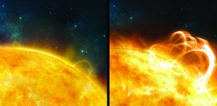 Left: Artist’s impression of the 'quiet' Sun, with no solar flares. Right: What the Sun might look like if it were to produce a superflare. A large flaring coronal loop structure is shown towering over a solar active region. Credits: Credit: University of Warwick/Ronald Warmington