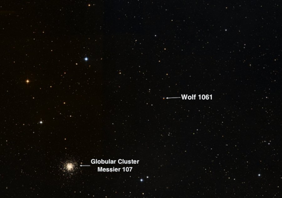 The sky area in the constellation of Ophiucus near the red dwarf star Wolf 1061 which includes the impressive, but unrelated, star cluster Messier 104. Wolf 1061 is 14 light years away. Credit: UNSW/The "Aladin sky atlas" developed at CDS, Strasbourg Observatory, France