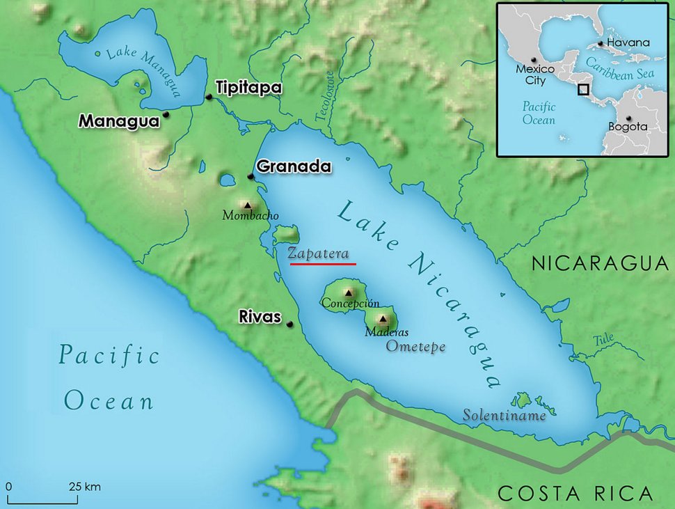 Map of Lake Nicaragua and its vicinity (Zapatera Island). Credits: Wikipedia