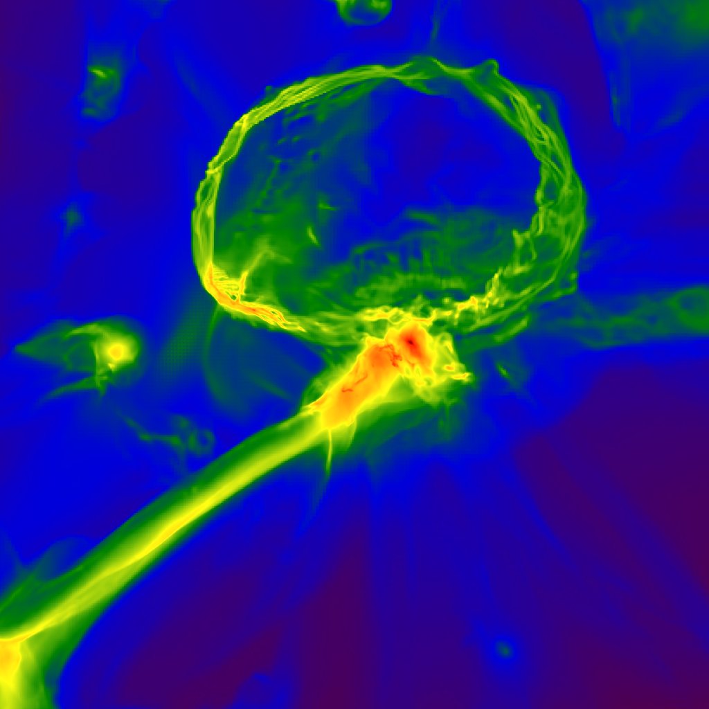 Snapshot from a simulation of the first stars in the Universe, showing how the gas cloud might have become enriched with heavy elements. Image credit: Britton Smith, John Wise, Brian O'Shea, Michael Norman, and Sadegh Khochfar.