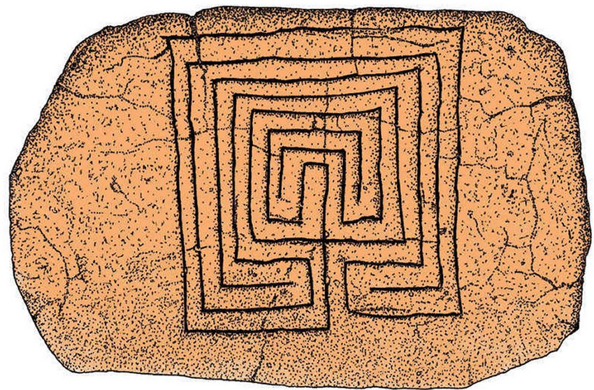 Oldest known labyrinth design about 1200 BC on the back of a book-keeping tablet found at Pylos in Greece. Credits: Jeff Saward/www.labyrinthos.net