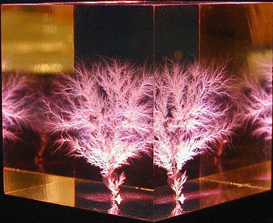 This Lichtenberg figure or 'electrical tree' was formed inside a 1.5" cube of polymethyl methacrylate (PMMA) using a 3 MeV electron accelerator. Bert Hickman, Stoneridge Engineering