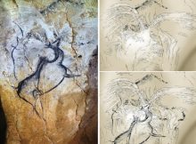er gallery of the Chauvet cave may depict a volcanic eruption. Left: general view; right: traced detail, with an overlaid charcoal painting of a giant deer species removed (lower right). D. Genty (left)/V. Feruglio/D. Baffier (right)/CC BY 4.0