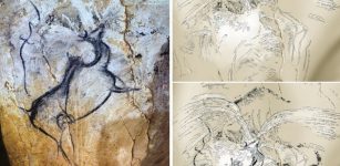 er gallery of the Chauvet cave may depict a volcanic eruption. Left: general view; right: traced detail, with an overlaid charcoal painting of a giant deer species removed (lower right). D. Genty (left)/V. Feruglio/D. Baffier (right)/CC BY 4.0