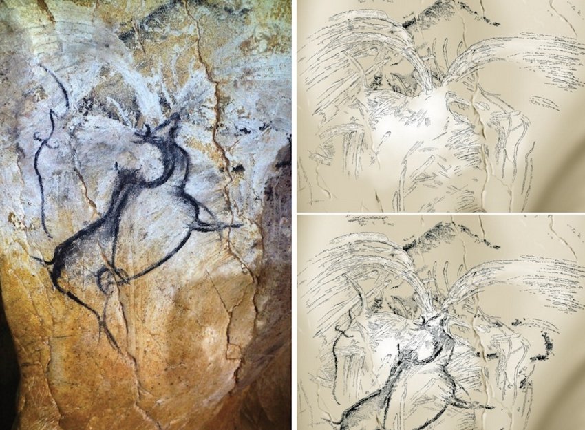 er gallery of the Chauvet cave may depict a volcanic eruption. Left: general view; right: traced detail, with an overlaid charcoal painting of a giant deer species removed (lower right). D. Genty (left)/V. Feruglio/D. Baffier (right)/CC BY 4.0