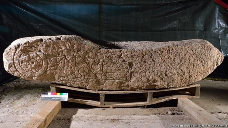 Spanning more than 1.7 meters and weighing more than a ton, the Dandaleith Stone has odd carvings made by the Picts who lived in the north and east of Scotland hundreds of years ago. Credits: Aberdeenshire Council