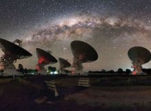 CSIRO's Compact Array in Australia is shown under the night lights of the Milky Way. Credit: Alex Cherney