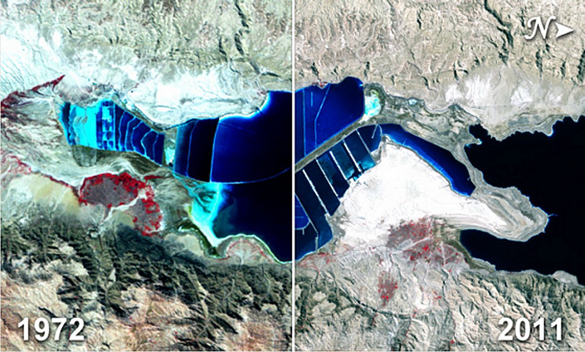 The expansion of massive salt evaporation projects on the Dead Sea are clearly visible in this time series of images taken by Landsat satellites operated by NASA and the U.S. Geological Survey. Credit: NASA/Landsat/K. Lewis