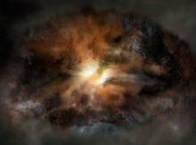 This artist's rendering shows a galaxy called W2246-0526, the most luminous galaxy known. New research suggests there is turbulent gas across its entirety, the first example of its kind. Image credit: NRAO/AUI/NSF; Dana Berry / SkyWorks; ALMA (ESO/NAOJ/NRAO)