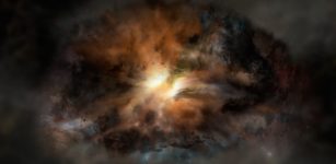 This artist's rendering shows a galaxy called W2246-0526, the most luminous galaxy known. New research suggests there is turbulent gas across its entirety, the first example of its kind. Image credit: NRAO/AUI/NSF; Dana Berry / SkyWorks; ALMA (ESO/NAOJ/NRAO)