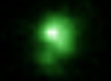 This is a Hubble Space Telescope image of the compact green pea galaxy J0925. The diameter of the galaxy is approximately 6,000 lightyears, and about twenty times smaller than the Milky Way. Credit: NASA