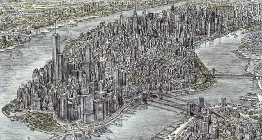 After a brief helicopter ride around New York City and produced this drawing afterward, purely from memory. Image credit: Stephen Wiltshire