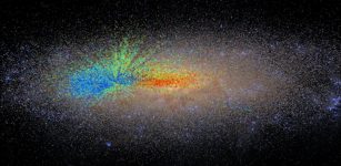 Colored dots over an artist's rendition of the Milky Way reveal the location and ages of stars in the galaxy. Red dots show the older stars, which formed early in the life of the galaxy, while blue dots show the younger generations that have formed since. Credit: G. Stinson (MPIA)