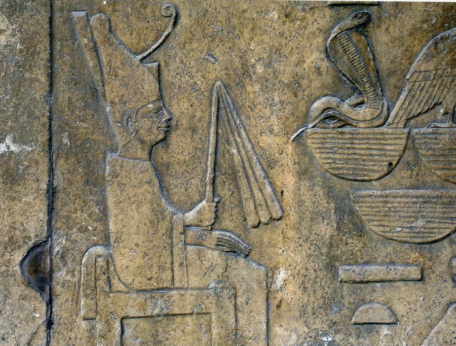 Detail of a relief showing pharaoh Sneferu wearing the white robe of the Sed-festival, from his funerary temple of Dahshur and now on display at the Egyptian Museum.