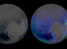 These maps of water ice on Pluto's surface were created using data captured by NASA's New Horizons spacecraft during its flyby of the dwarf planet on July 14, 2015. The map at left is an early effort; the one at right used modeling techniques to achieve greater sensitivity. Credit: NASA/JHUIAPL/SwRI