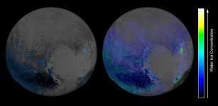 These maps of water ice on Pluto's surface were created using data captured by NASA's New Horizons spacecraft during its flyby of the dwarf planet on July 14, 2015. The map at left is an early effort; the one at right used modeling techniques to achieve greater sensitivity. Credit: NASA/JHUIAPL/SwRI