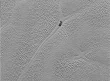 Transmitted to Earth on Dec. 24, 2015, this image from the Long Range Reconnaissance Imager (LORRI) extends New Horizons’ highest-resolution swath of Pluto to the center of Sputnik Planum, the informally named plain that forms the left side of Pluto’s “heart.” Mission scientists believe the pattern of the cells stems from the slow thermal convection of the nitrogen-dominated ices. The darker patch at the center of the image is likely a dirty block of water ice “floating” in denser solid nitrogen, and which has been dragged to the edge of a convection cell. Also visible are thousands of pits in the surface, which scientists believe may form by sublimation. Credits: NASA/JHUAPL/SwRI