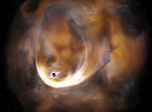 Artist’s impression of the clouds scattered by an intermediate mass black hole. Artist’s impression of the clouds scattered by an intermediate mass black hole. Credits: Keio University.