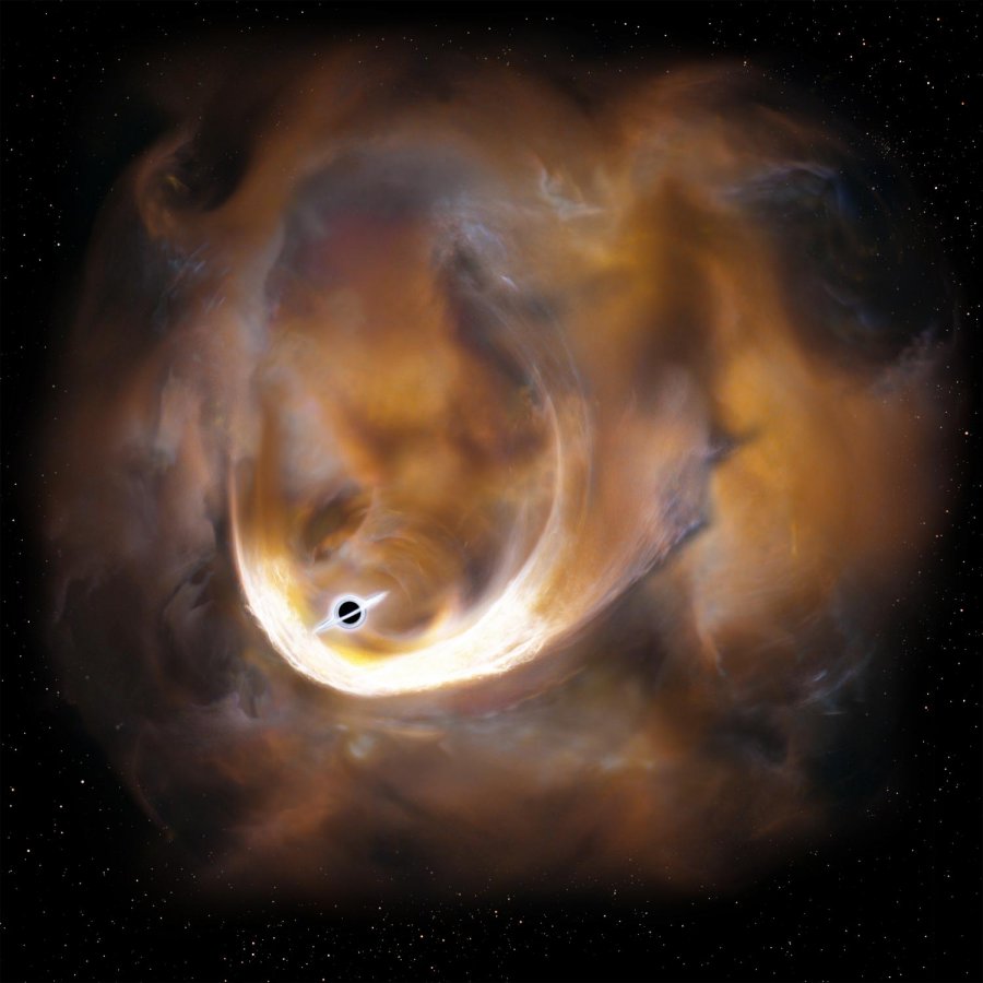 Artist’s impression of the clouds scattered by an intermediate mass black hole. Artist’s impression of the clouds scattered by an intermediate mass black hole. Credits: Keio University.
