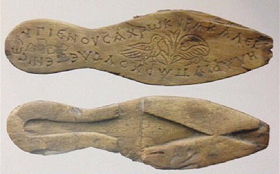 1,500-year-old sandals discovered at Yenikapi on which “use on healthy days” is written in Greek. Photo: Hurriyet Daily News