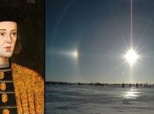 LEft: Edward, Earl of March, (later Edward IV) head of the Yorkist faction; Right: The meteorological phenomenon known as parhelion or sun dog occurred, due to highly unusual atmospheric conditions, three suns were seen to be rising in the sky.