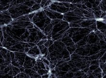 A slab cut from the cube generated by the Illustris simulation. It shows the distribution of dark matter, with a width and height of 350 million light-years and a thickness of 300000 light years. Galaxies are found in the small, white, high-density dots. Credit: Markus Haider / Illustris collaboration