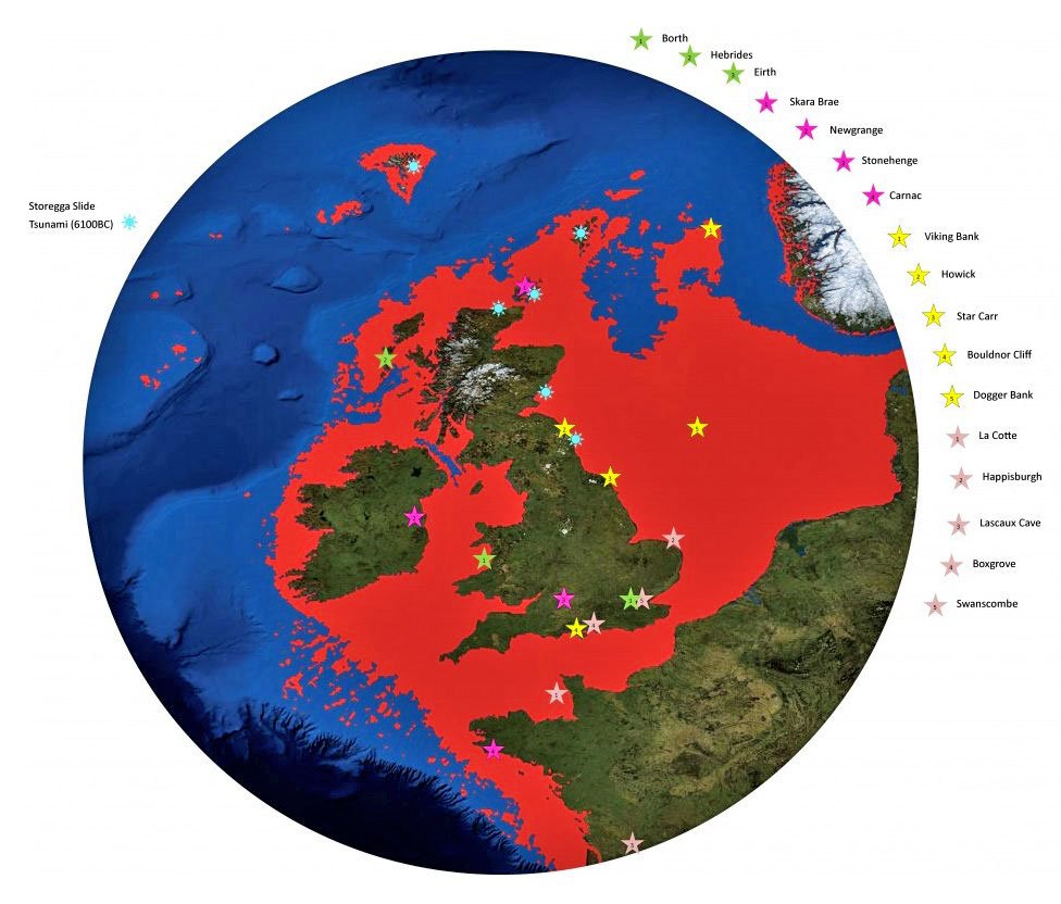 A map of the UK with Doggerland marked as red