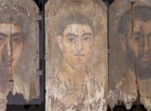 Roman-era Egyptian mummy portraits from the site of Tebtunis, Egypt. Northwestern researchers discovered all three share similar style, materials and layering structure of paint, leading them to conclude the three paintings were made by a single artistic hand. From the left: “Portrait of a Boy,” “Portrait of a Young Man” and “Portrait of a Bearded Man.” (Credit: Phoebe A. Hearst Museum of Anthropology, University of California, Berkeley)