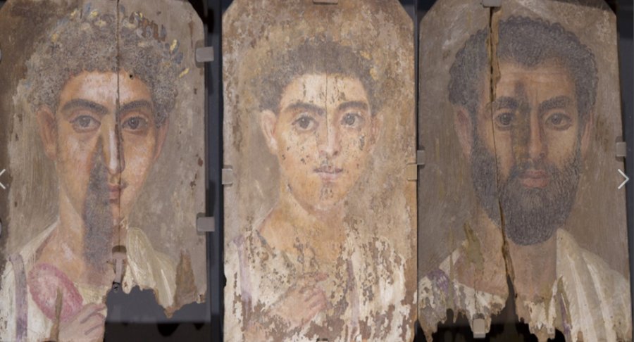 Roman-era Egyptian mummy portraits from the site of Tebtunis, Egypt. Northwestern researchers discovered all three share similar style, materials and layering structure of paint, leading them to conclude the three paintings were made by a single artistic hand. From the left: “Portrait of a Boy,” “Portrait of a Young Man” and “Portrait of a Bearded Man.” (Credit: Phoebe A. Hearst Museum of Anthropology, University of California, Berkeley)