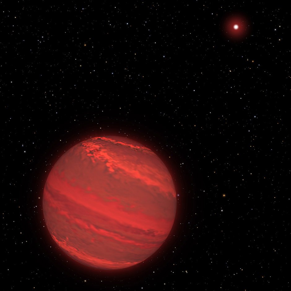 This is an illustration of a planet that is four times the mass of Jupiter and orbits 5 billion miles from a brown dwarf companion object (the bright red star seen in the background). The planet is only 170 light-years away. Our sun is a faint star in the background. Credits: NASA, ESA, and G. Bacon/STScI