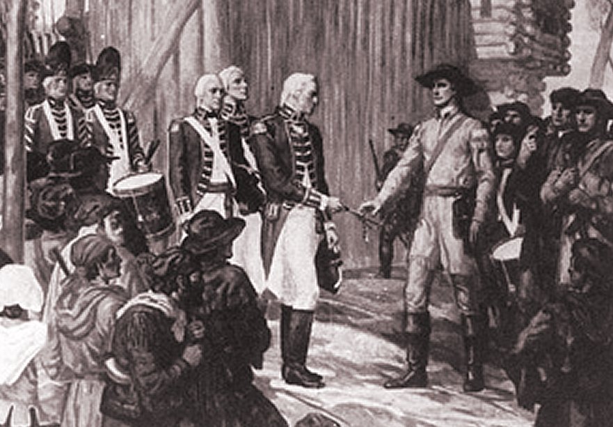 This dramatic painting is one of several at the George Rogers Clark National Historical Park in Vincennes, Indiana that depicts the life of Patriot Clark. Here he is accepting the surrender of Fort Sackville from Colonel Henry Hamilton.
