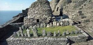 Skellig Michael - Monks' graveyard. The graveyard is located to the east of the Large Oratory . The series of crosses set into the west side are in their original locations. These crosses are roughly shaped and some have plain incised decoration.