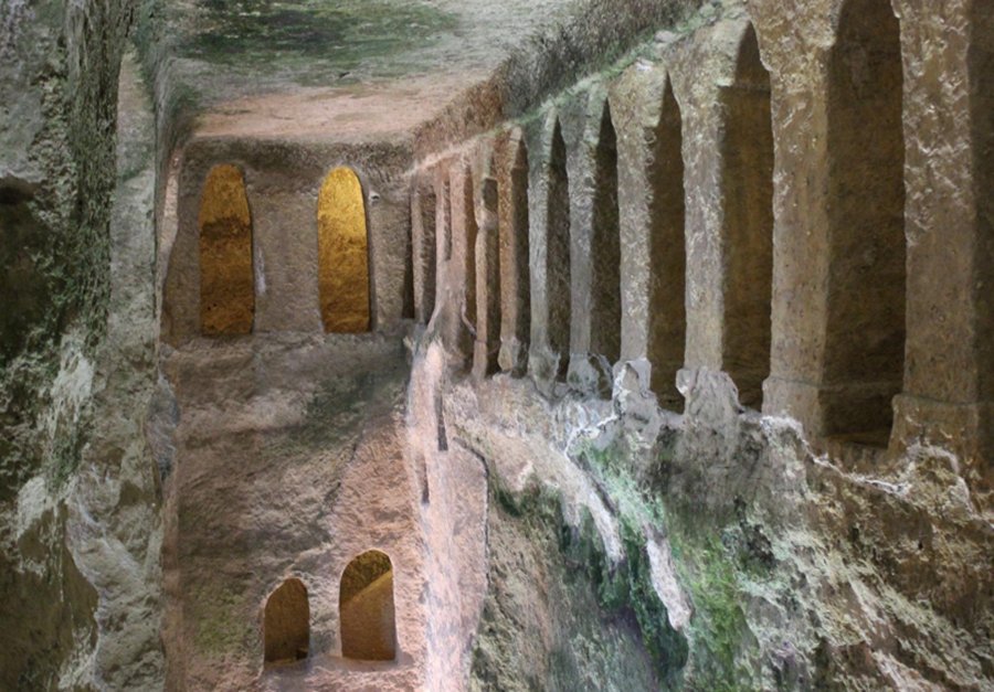 The church itself, and its crypt, were hidden for centuries by a rock fall, and only rediscovered in the 1950′s.