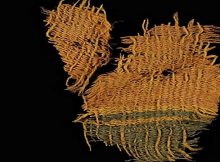 This ancient fine wool textile incorporated red and blue colors. (Clara Amit/Israel Antiquities Authority)