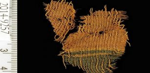 This ancient fine wool textile incorporated red and blue colors. (Clara Amit/Israel Antiquities Authority)