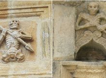 Left:Ankou, depicted on a carving at the ossuary of the chapel of St Joseph at Ploudiry, Brittany; Right: La Roche-Maurice Parish, Brest in Brittany, in north-western France. Photo credits: Wikipedia