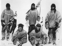 Antarctic explorers: standing, (L-R) Capt Lawrence (Titus) Oates, Capt Robert Falcon Scott, PO Edgar Evans and seated (L-R) Lt Henry (Birdie) Bowers, Dr Edward Adrian Wilson are seen at the South Pole in January 1912. Picture: REUTERS