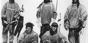 Antarctic explorers: standing, (L-R) Capt Lawrence (Titus) Oates, Capt Robert Falcon Scott, PO Edgar Evans and seated (L-R) Lt Henry (Birdie) Bowers, Dr Edward Adrian Wilson are seen at the South Pole in January 1912. Picture: REUTERS