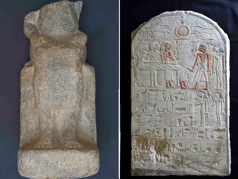 Left: The unidentified statue. Credits: Swiss Institute; Right: The newly discovered stelae. Credits: Swiss Institute