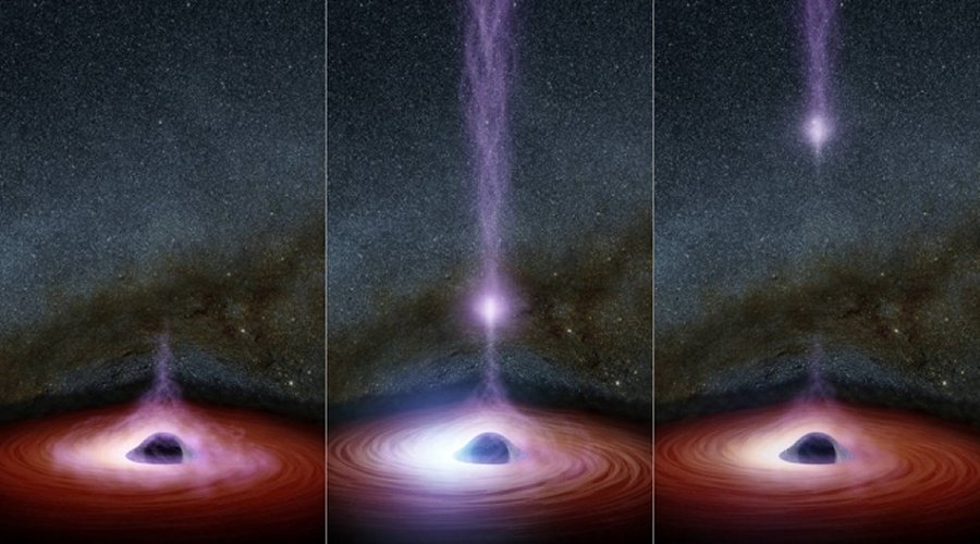 The radio emission from this source goes up and down, but it never goes away. That means it can't be associated with the fast radio burst, researchers say. The emission instead originates from an active galactic nucleus that is powered by a supermassive black hole. Dual jets blast outward from the black hole, and complex physical processes within those jets create a constant source of radio waves. (Photo : NASA/JPL-Caltech)