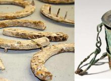 Left: World War One horseshoes © Crown Copyright / MOD2016; Right: This workbox was found in the grave of a woman on Ministry of Defence land in Bulford © Wessex Archaeology