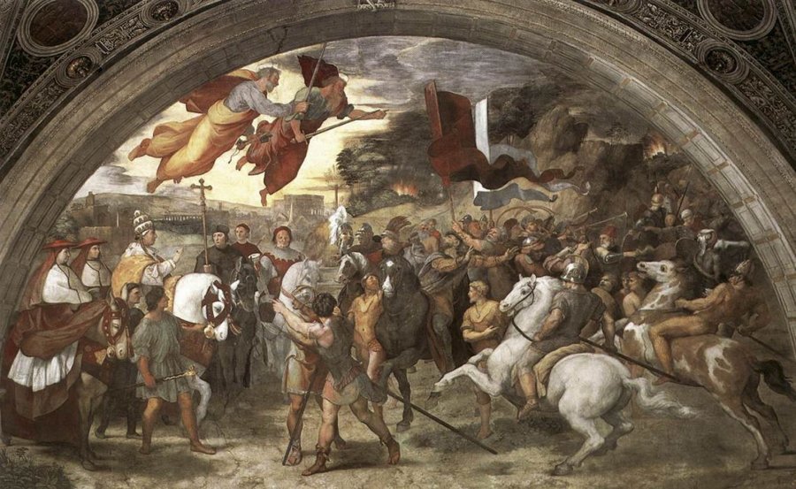 Raphael (1483-1520) painted "The Meeting between Leo the Great and Attila." According to legend, the miraculous apparition of Saints Peter and Paul armed with swords during the meeting between Pope Leo the Great and Attila in A.D. 452 persuaded the king of the Huns not to invade Italy. Credit: Public domain.