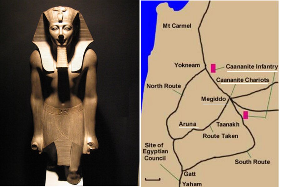 Left: Pharaoh Thutmose III; Right: LOcation of Megiddo and fighting forces