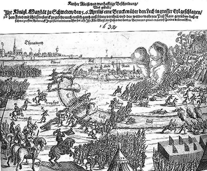 Battle of Rain - The forces involved in this encounter were 40,000 Swedish-Saxon troops under King Gustav II Adolf of Sweden and 25,000 Catholic League troops under Count Johan Tzerclaes of Tilly. Credits: Wikipedia