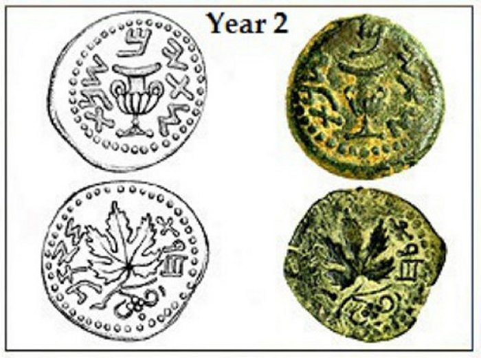 Coin found in the cave showing grape vine leaf and chalice with the words: year 2 for the liberation of Zion on one side, and Holy Jerusalem, on the other - circa 67CE. Photo courtesy Origins Discovey Project